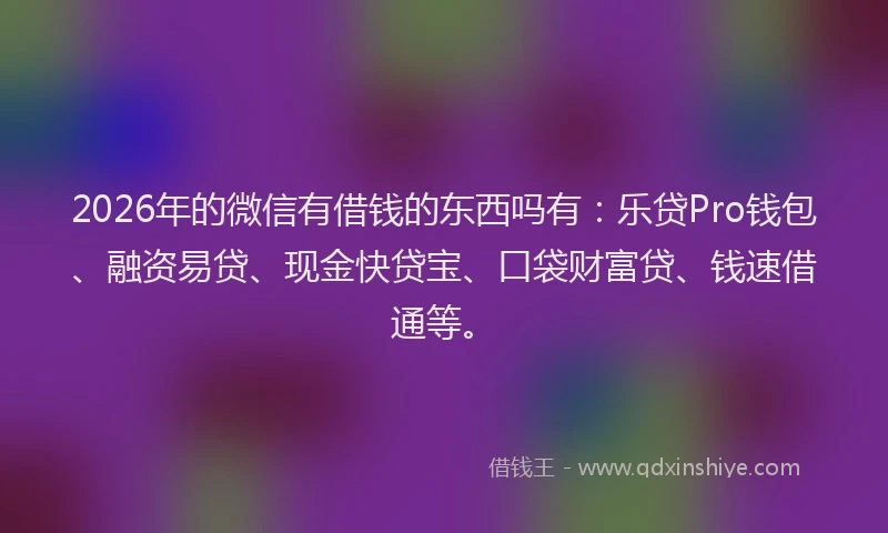 2026年的微信有借钱的东西吗有：乐贷Pro钱包、融资易贷、现金快贷宝、口袋财富贷、钱速借通等。