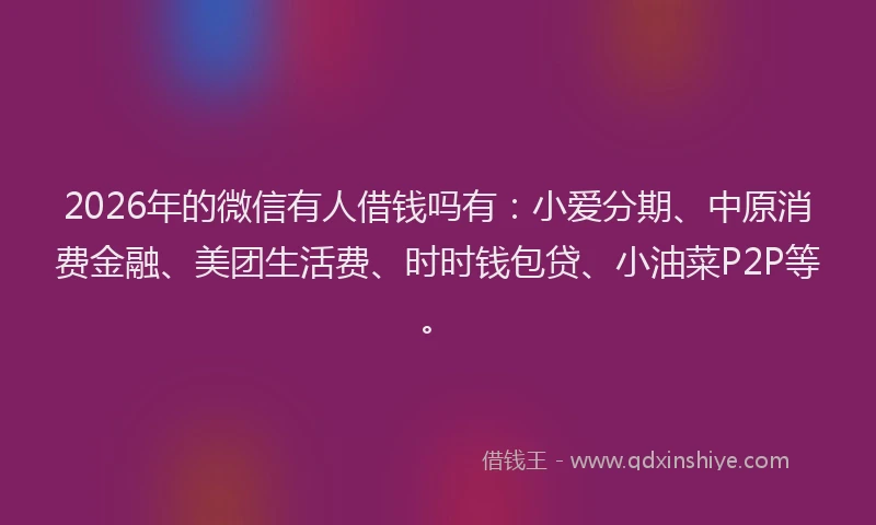 2026年的微信有人借钱吗有：小爱分期、中原消费金融、美团生活费、时时钱包贷、小油菜P2P等。