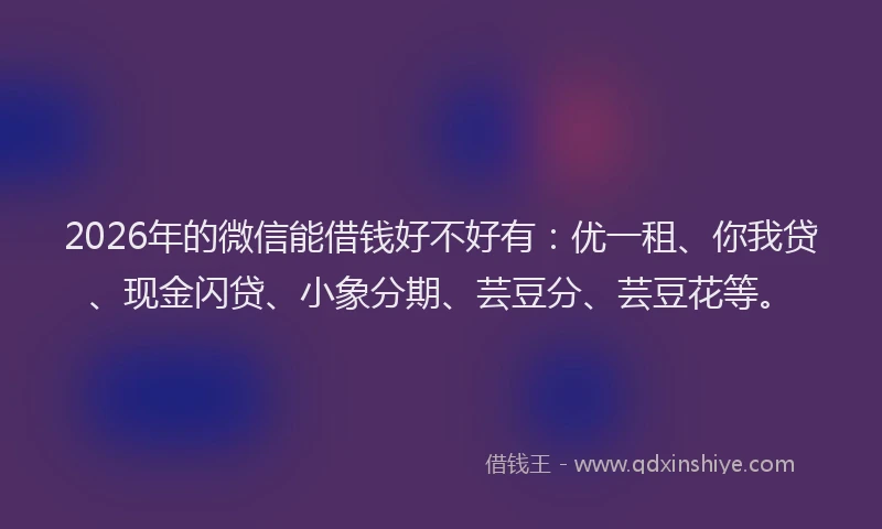 2026年的微信能借钱好不好有：优一租、你我贷、现金闪贷、小象分期、芸豆分、芸豆花等。