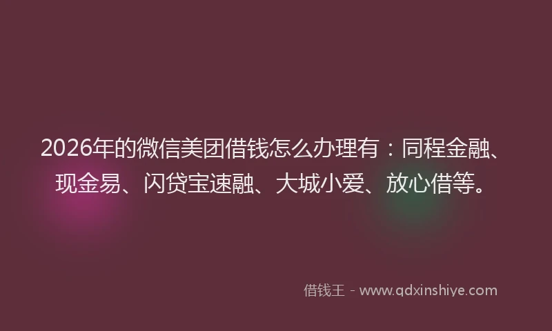 2026年的微信美团借钱怎么办理有:同程金融、现金易、闪贷宝速融、大城小爱、放心借等。