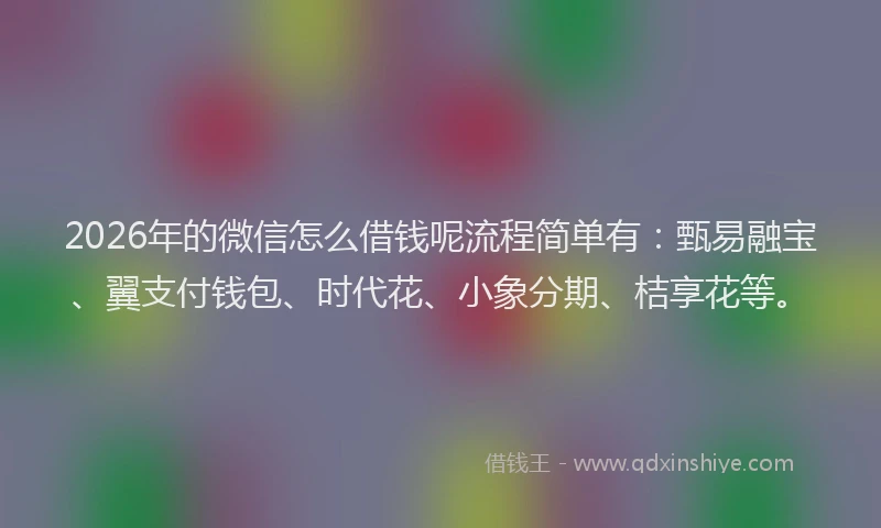 2026年的微信怎么借钱呢流程简单有：甄易融宝、翼支付钱包、时代花、小象分期、桔享花等。