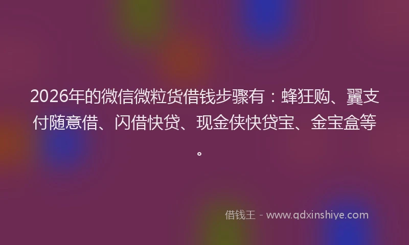 2026年的微信微粒货借钱步骤有：蜂狂购、翼支付随意借、闪借快贷、现金侠快贷宝、金宝盒等。
