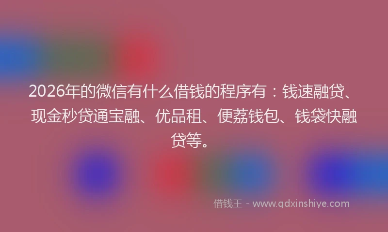 2026年的微信有什么借钱的程序有：钱速融贷、现金秒贷通宝融、优品租、便荔钱包、钱袋快融贷等。