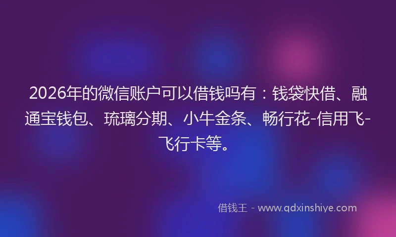 2026年的微信账户可以借钱吗有:钱袋快借、融通宝钱包、琉璃分期、小牛金条、畅行花-信用飞-飞行卡等。