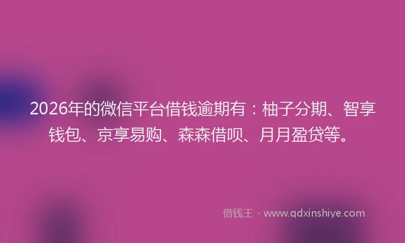 2026年的微信平台借钱逾期有:柚子分期、智享钱包、京享易购、森森借呗、月月盈贷等。
