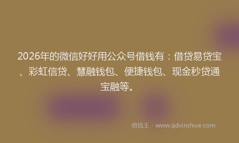 2026年的微信好好用公众号借钱有：借贷易贷宝、彩虹信贷、慧融钱包、便捷钱包、现金秒贷通宝融等。