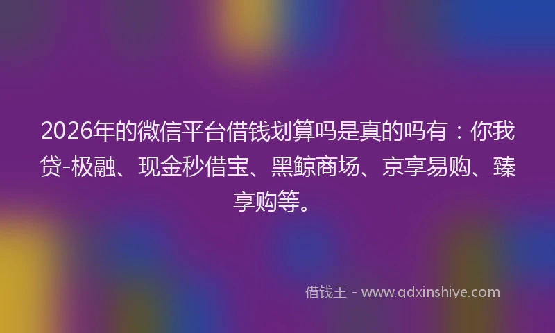 2026年的微信平台借钱划算吗是真的吗有:你我贷-极融、现金秒借宝、黑鲸商场、京享易购、臻享购等。