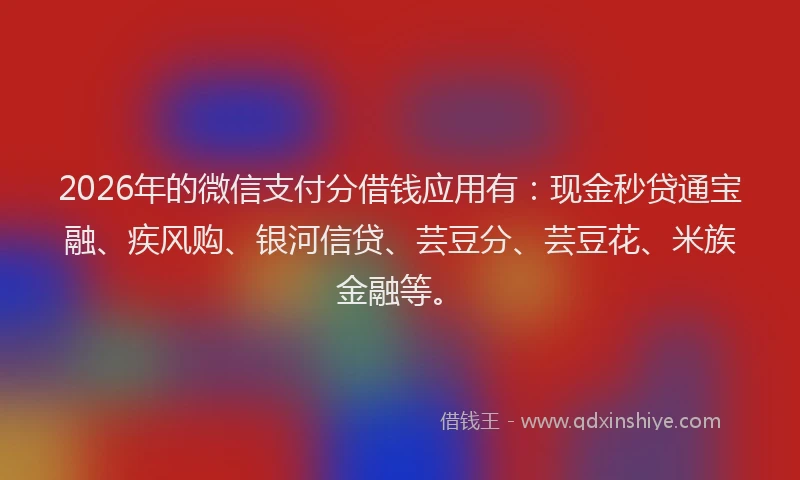 2026年的微信支付分借钱应用有：现金秒贷通宝融、疾风购、银河信贷、芸豆分、芸豆花、米族金融等。