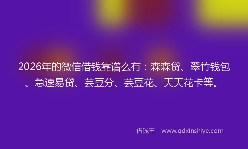 2026年的微信借钱靠谱么有：森森贷、翠竹钱包、急速易贷、芸豆分、芸豆花、天天花卡等。
