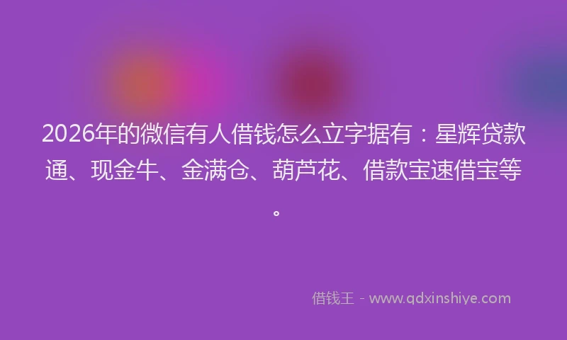 2026年的微信有人借钱怎么立字据有：星辉贷款通、现金牛、金满仓、葫芦花、借款宝速借宝等。