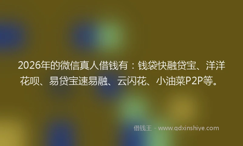 2026年的微信真人借钱有：钱袋快融贷宝、洋洋花呗、易贷宝速易融、云闪花、小油菜P2P等。