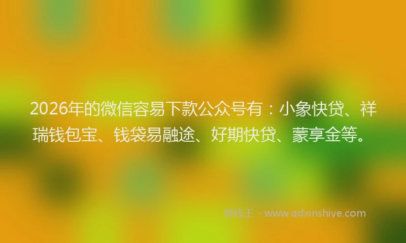 2026年的微信容易下款公众号有：小象快贷、祥瑞钱包宝、钱袋易融途、好期快贷、蒙享金等。