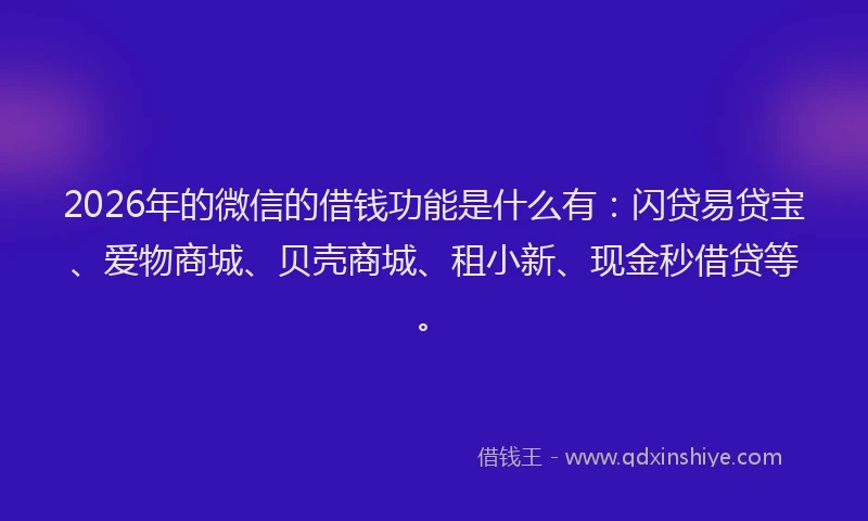2026年的微信的借钱功能是什么有：闪贷易贷宝、爱物商城、贝壳商城、租小新、现金秒借贷等。