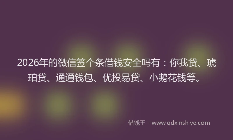 2026年的微信签个条借钱安全吗有:你我贷、琥珀贷、通通钱包、优投易贷、小鹅花钱等。