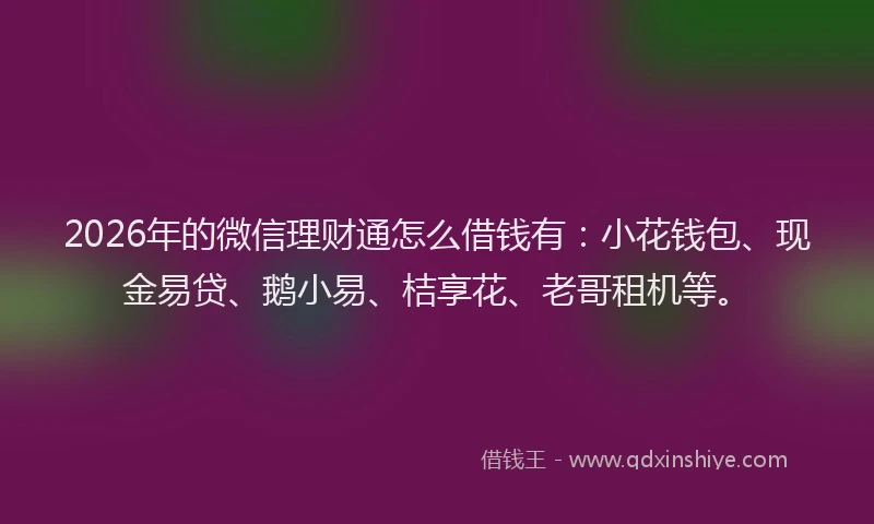 2026年的微信理财通怎么借钱有：小花钱包、现金易贷、鹅小易、桔享花、老哥租机等。