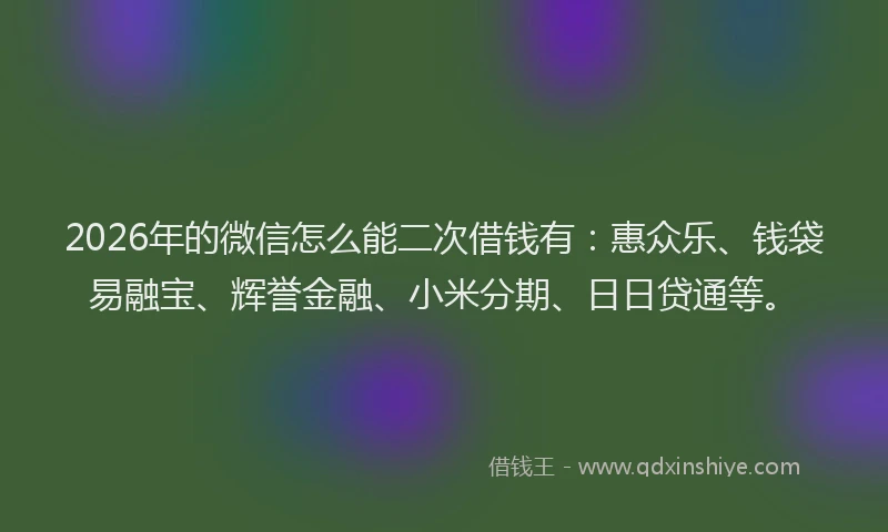 2026年的微信怎么能二次借钱有：惠众乐、钱袋易融宝、辉誉金融、小米分期、日日贷通等。