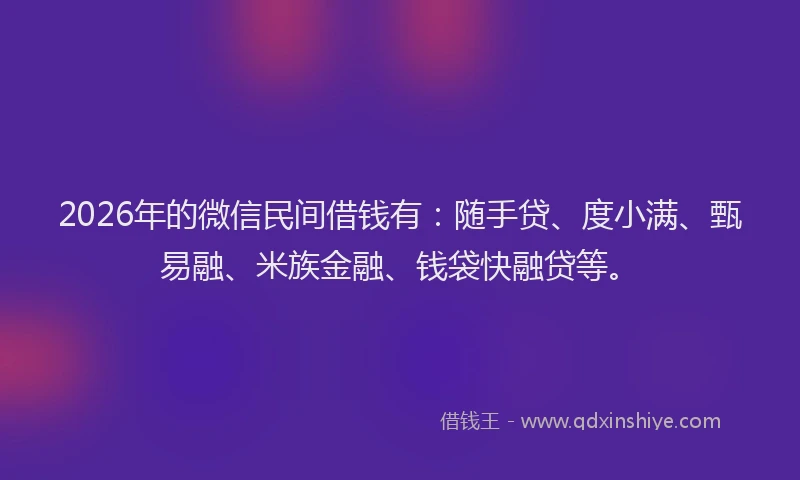 2026年的微信民间借钱有：随手贷、度小满、甄易融、米族金融、钱袋快融贷等。