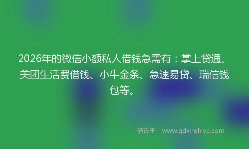 2026年的微信小额私人借钱急需有：掌上贷通、美团生活费借钱、小牛金条、急速易贷、瑞信钱包等。