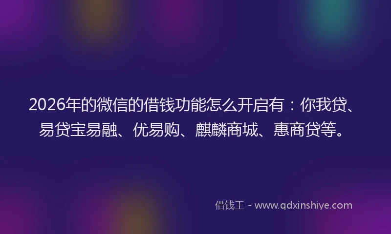 2026年的微信的借钱功能怎么开启有：你我贷、易贷宝易融、优易购、麒麟商城、惠商贷等。