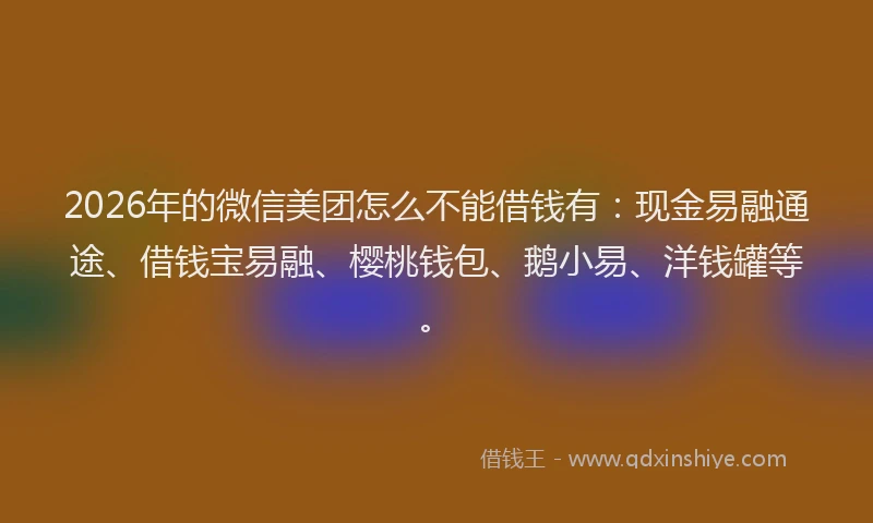 2026年的微信美团怎么不能借钱有：现金易融通途、借钱宝易融、樱桃钱包、鹅小易、洋钱罐等。