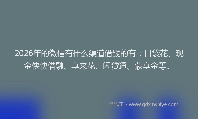 2026年的微信有什么渠道借钱的有:口袋花、现金侠快借融、享来花、闪贷通、蒙享金等。
