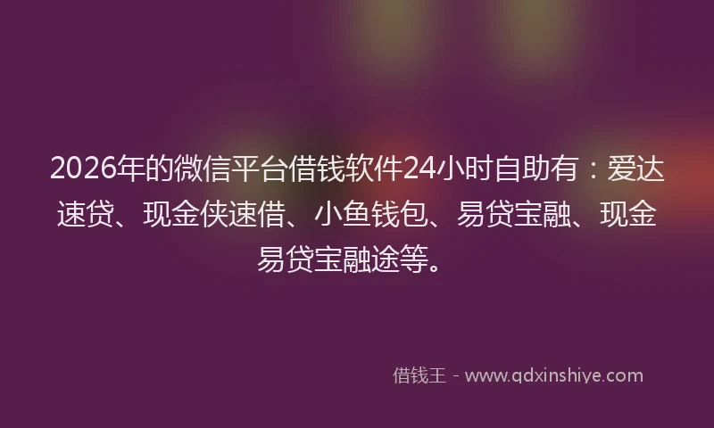 2026年的微信平台借钱软件24小时自助有：爱达速贷、现金侠速借、小鱼钱包、易贷宝融、现金易贷宝融途等。