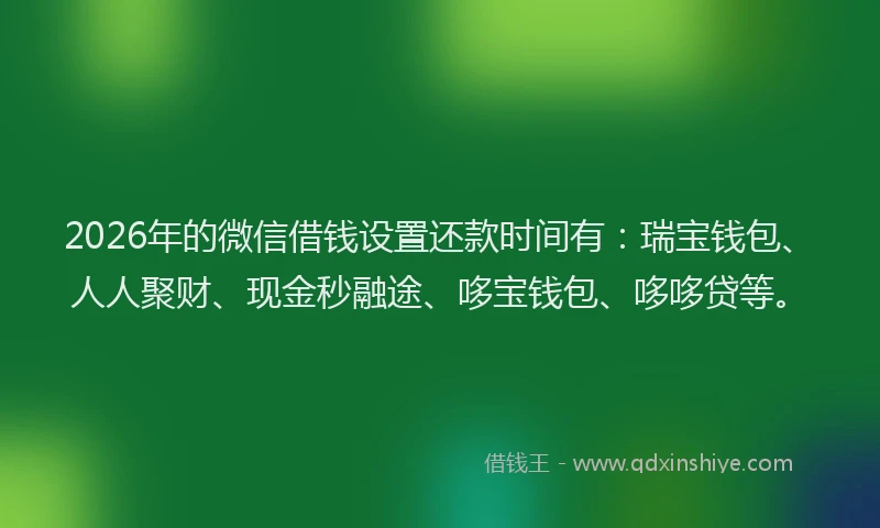 2026年的微信借钱设置还款时间有：瑞宝钱包、人人聚财、现金秒融途、哆宝钱包、哆哆贷等。