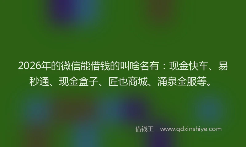 2026年的微信能借钱的叫啥名有：现金快车、易秒通、现金盒子、匠也商城、涌泉金服等。