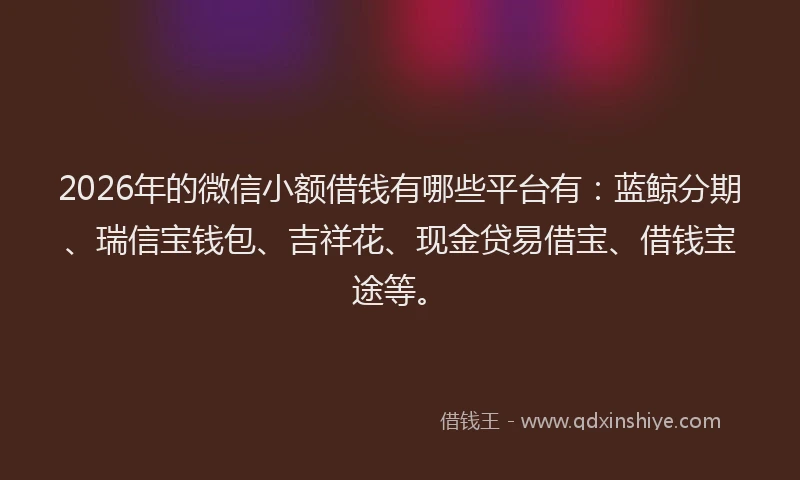 2026年的微信小额借钱有哪些平台有:蓝鲸分期、瑞信宝钱包、吉祥花、现金贷易借宝、借钱宝途等。