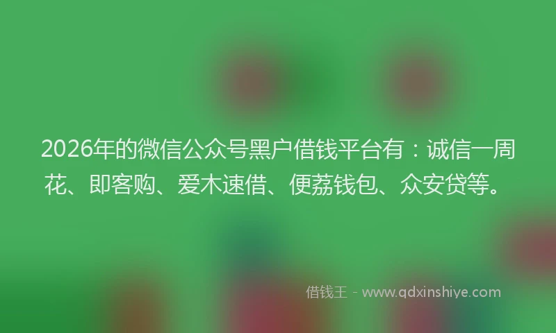 2026年的微信公众号黑户借钱平台有：诚信一周花、即客购、爱木速借、便荔钱包、众安贷等。