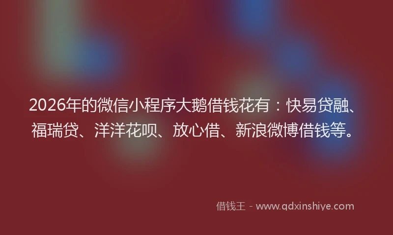 2026年的微信小程序大鹅借钱花有：快易贷融、福瑞贷、洋洋花呗、放心借、新浪微博借钱等。