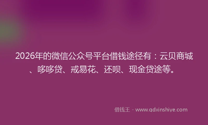 2026年的微信公众号平台借钱途径有：云贝商城、哆哆贷、戒易花、还呗、现金贷途等。