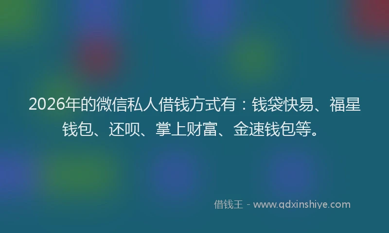 2026年的微信私人借钱方式有：钱袋快易、福星钱包、还呗、掌上财富、金速钱包等。