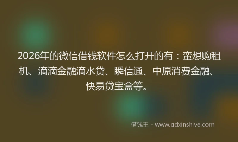 2026年的微信借钱软件怎么打开的有：蛮想购租机、滴滴金融滴水贷、瞬信通、中原消费金融、快易贷宝盒等。