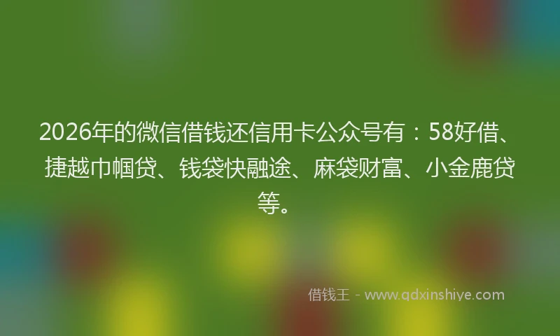 2026年的微信借钱还信用卡公众号有：58好借、捷越巾帼贷、钱袋快融途、麻袋财富、小金鹿贷等。