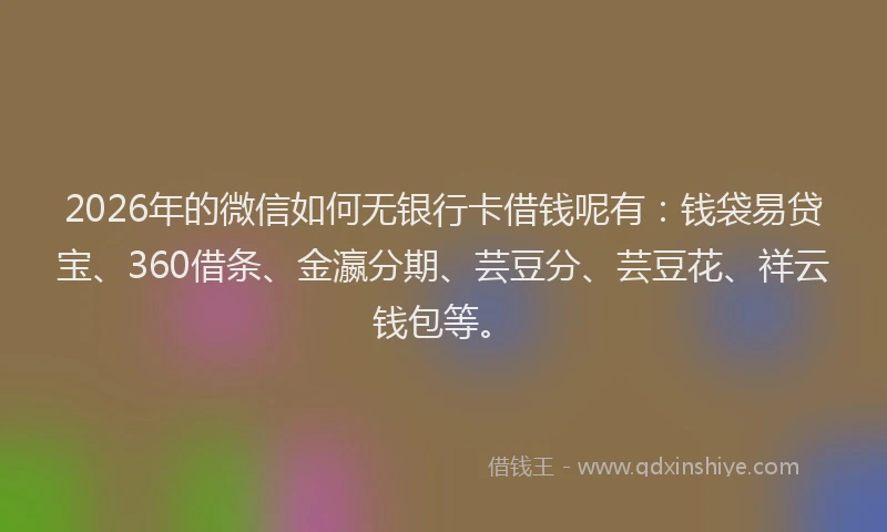 2026年的微信如何无银行卡借钱呢有:钱袋易贷宝、360借条、金瀛分期、芸豆分、芸豆花、祥云钱包等。