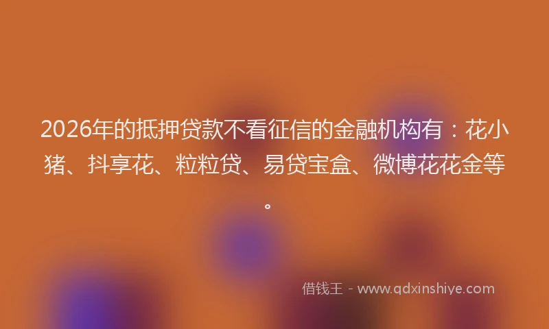 2026年的抵押贷款不看征信的金融机构有：花小猪、抖享花、粒粒贷、易贷宝盒、微博花花金等。