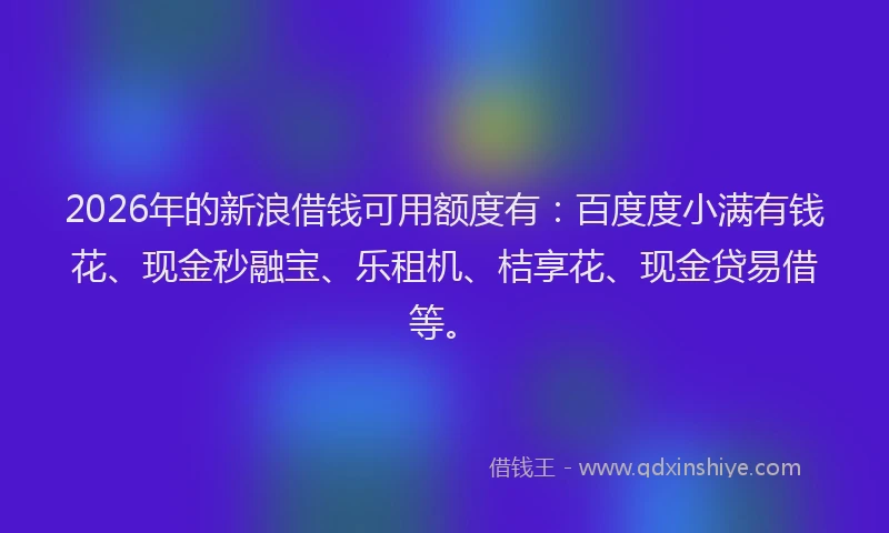 2026年的新浪借钱可用额度有：百度度小满有钱花、现金秒融宝、乐租机、桔享花、现金贷易借等。