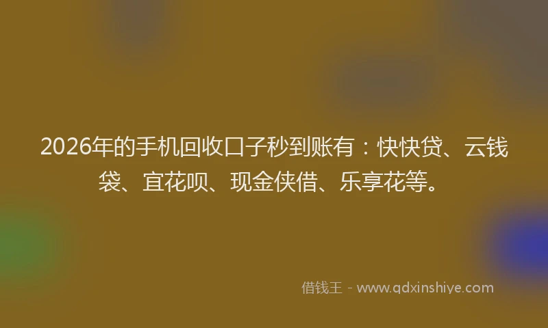 2026年的手机回收口子秒到账有：快快贷、云钱袋、宜花呗、现金侠借、乐享花等。
