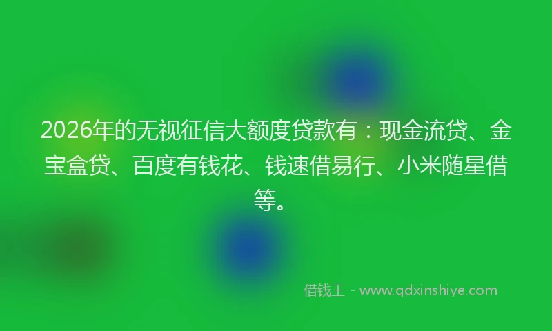 2026年的无视征信大额度贷款有：现金流贷、金宝盒贷、百度有钱花、钱速借易行、小米随星借等。