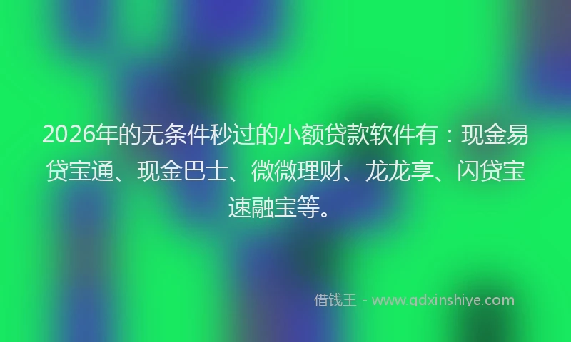 2026年的无条件秒过的小额贷款软件有：现金易贷宝通、现金巴士、微微理财、龙龙享、闪贷宝速融宝等。