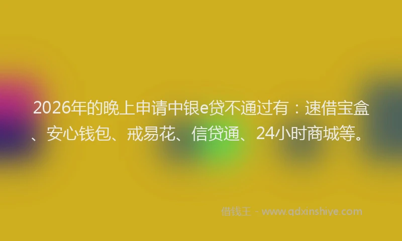 2026年的晚上申请中银e贷不通过有：速借宝盒、安心钱包、戒易花、信贷通、24小时商城等。