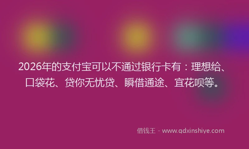 2026年的支付宝可以不通过银行卡有：理想给、口袋花、贷你无忧贷、瞬借通途、宜花呗等。