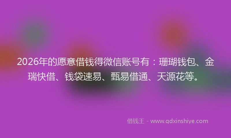 2026年的愿意借钱得微信账号有：珊瑚钱包、金瑞快借、钱袋速易、甄易借通、天源花等。
