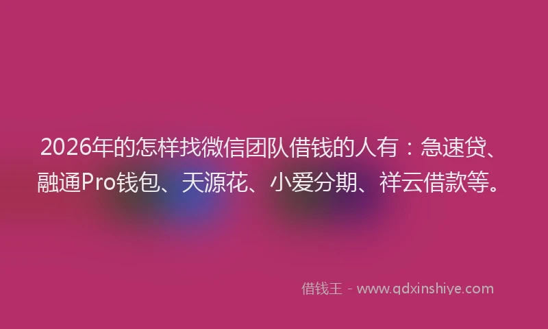 2026年的怎样找微信团队借钱的人有：急速贷、融通Pro钱包、天源花、小爱分期、祥云借款等。