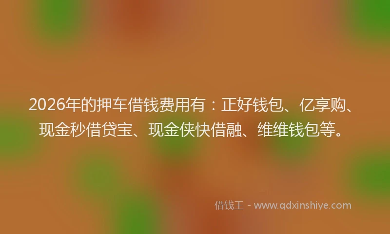2026年的押车借钱费用有：正好钱包、亿享购、现金秒借贷宝、现金侠快借融、维维钱包等。