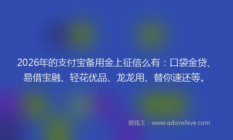 2026年的支付宝备用金上征信么有：口袋金贷、易借宝融、轻花优品、龙龙用、替你速还等。