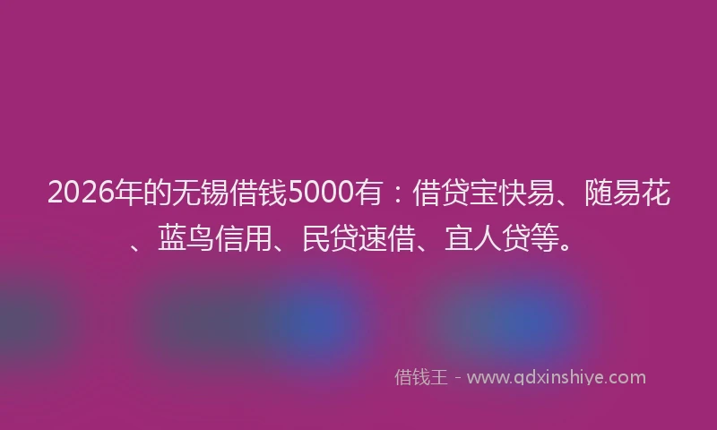 2026年的无锡借钱5000有：借贷宝快易、随易花、蓝鸟信用、民贷速借、宜人贷等。
