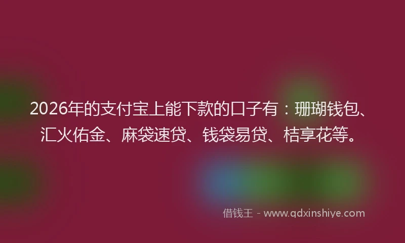 2026年的支付宝上能下款的口子有：珊瑚钱包、汇火佑金、麻袋速贷、钱袋易贷、桔享花等。