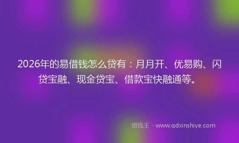 2026年的易借钱怎么贷有：月月开、优易购、闪贷宝融、现金贷宝、借款宝快融通等。